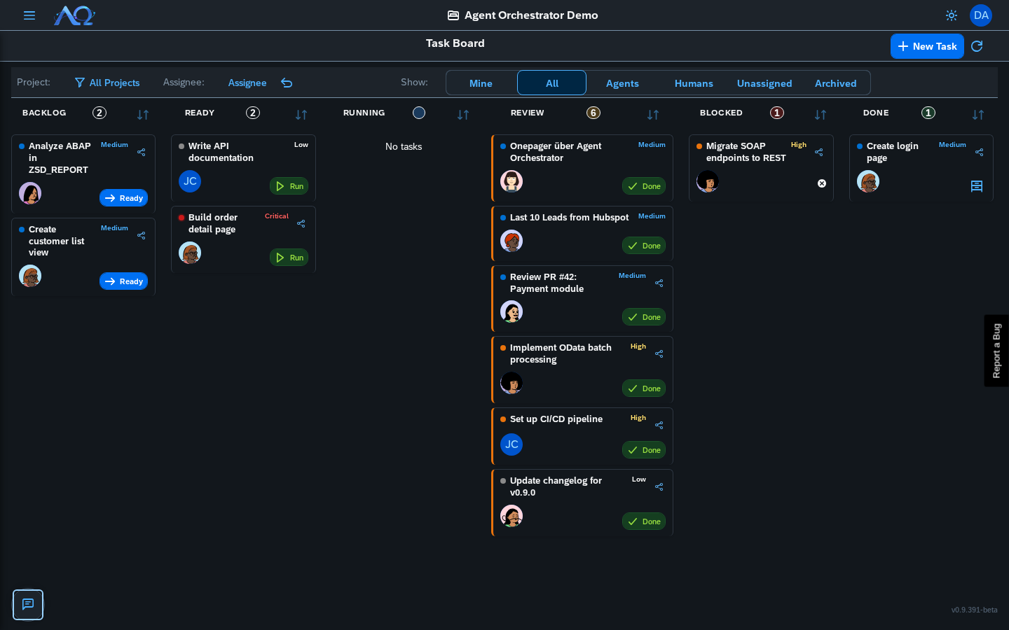 Das Aufgaben-Board von Agent Orchestrator mit Spalten von Backlog bis Erledigt